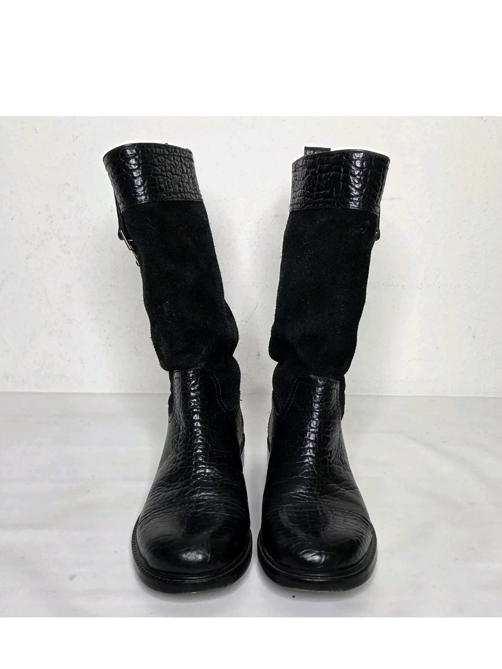 Tory Burch Corey Mid Calf Boots Womens 7 M Leather Black Logo Riding Equestrian